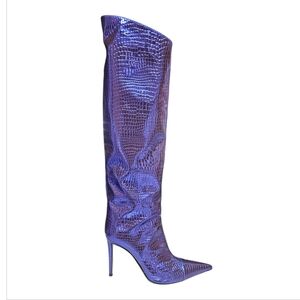 ALEXANDRE VAUTHIER | Metallic Blue Croc‑Embossed Patent Leather Knee‑High Boots